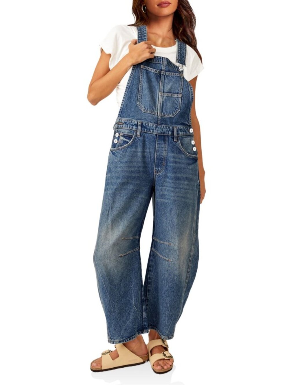 Womens Denim Bib Overalls Barrel Leg Adjustable Strap Jean Jumpsuit